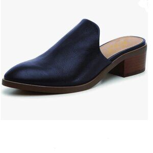 FOWT Dark Blue Closed Toe Mules Slip On Retro Loafer Low Chunky Heel Slippers